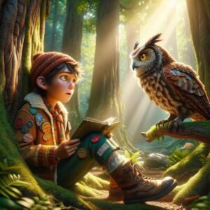 A young boy, wearing a cozy orange knit hat and a jacket adorned with adventure patches, sits in a lush forest, leaning against a large tree. He holds an open book, gazing in surprise at a large, wise owl perched on a moss-covered branch. Sunbeams filter through the tall trees, casting a magical glow over the scene, highlighting the boy’s wide-eyed expression as if he’s discovering something amazing from the owl. The forest is full of green moss, and the serene atmosphere hints at a special connection between the boy and the owl.