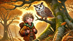 A whimsical illustration showing a 7-year-old boy, Alex, with yellowish-hazel eyes and curly hair, standing near a large oak tree. He wears oversized earth-toned clothes and holds a backpack with books peeking out. Alex looks up in awe at a majestic brown and white owl perched on a sturdy branch above. The owl has golden eyes flecked with amber and intricate feathers. The scene is bathed in warm golden sunlight, with autumn leaves swirling gently, creating a magical and inviting atmosphere