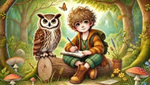  A whimsical illustration of a 7-year-old boy named Alex sitting cross-legged on a forest log. Alex has yellowish-hazel eyes, untamed curly hair, and i