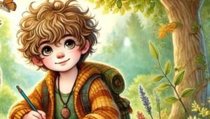 A whimsical illustration showing a 7-year-old boy, Alex, with yellowish-hazel eyes and curly hair, standing near a large oak tree. He wears oversized earth-toned clothes and holds a backpack with books peeking out. Alex looks up in awe at a majestic brown and white owl perched on a sturdy branch above. The owl has golden eyes flecked with amber and intricate feathers. The scene is bathed in warm golden sunlight, with autumn leaves swirling gently, creating a magical and inviting atmosphere