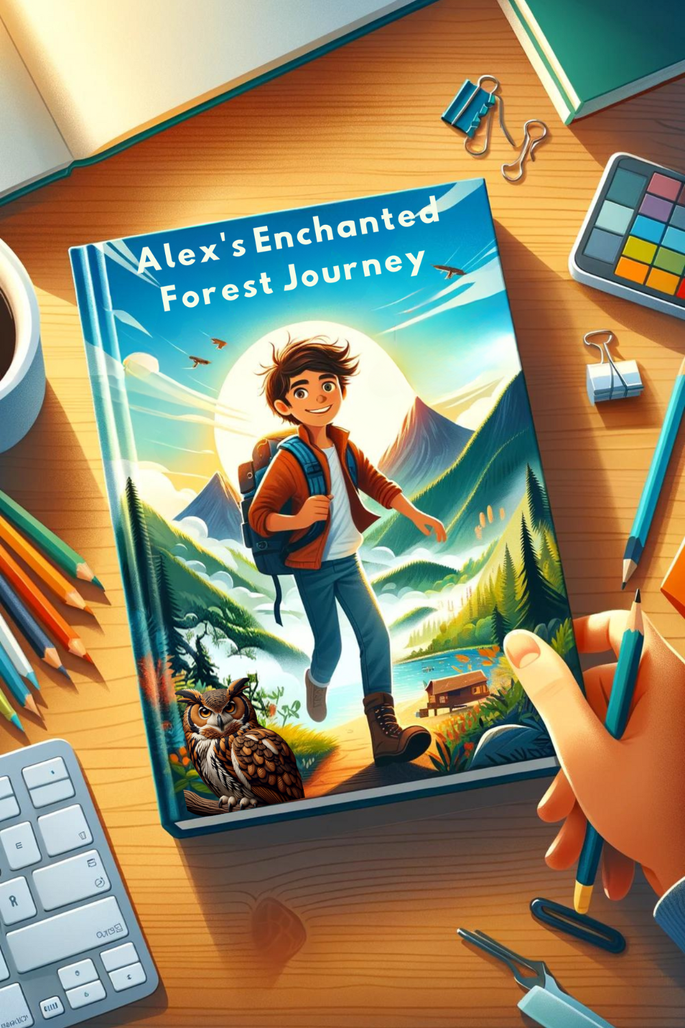 "Illustrated book cover titled 'Alex's Enchanted Forest Journey,' featuring a cheerful young boy with a backpack walking through a vibrant forest with mountains, a cabin, and a serene lake in the background. A wise owl sits prominently near the bottom left corner. The scene is surrounded by art supplies, including pencils, a coffee cup, and a computer keyboard, implying a creative workspace."