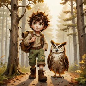 A young boy in a forest with an Owl